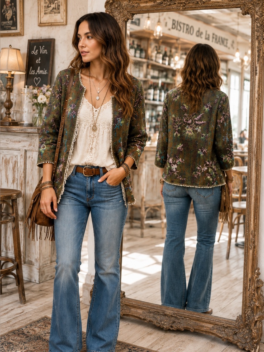 Signals Floral Tapestry Open Front Jacket L Boho Fringe Embroidered Cardigan